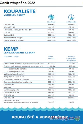 Koupaliště a kemp Křtiny ceník od 2022